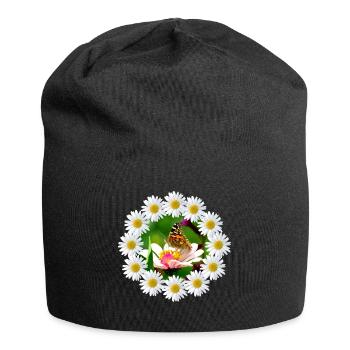 Margeriten Blüte mit Schmetterling Blumenmuster - Jersey-Beanie - Schwarz - Vorne