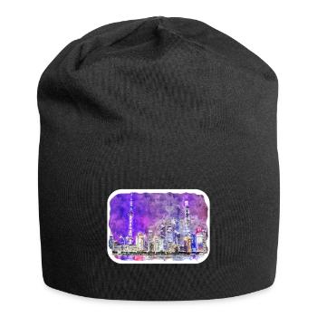 Shanghai China Aquarellskizze gezeichnete Zeichnung - Jersey-Beanie - Schwarz - Vorne