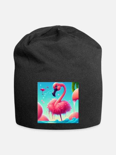 Funny Cartoon Flamingo - Jersey Beanie - black