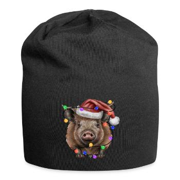 Wild boar with Christmas hat and lights - Jersey Beanie - black - Front