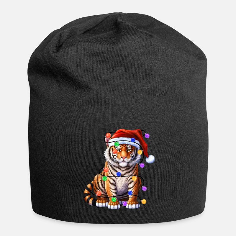 Tiger mit Weihnachtmütze und Lichter - Jersey-Beanie - Schwarz