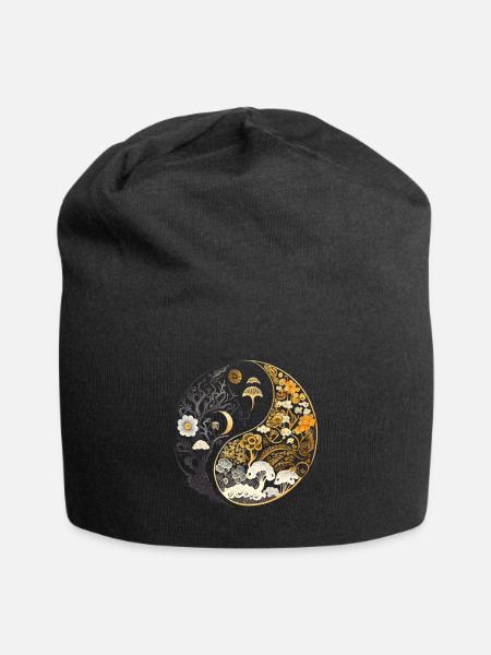 Goldenes, Florales Pilz Ying Yang Design - Jersey-Beanie - Schwarz