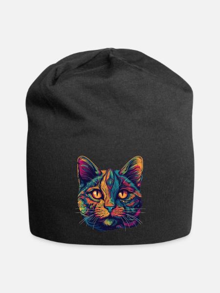 Psychedelisches Katzengesicht mit bunten Mustern - Jersey-Beanie - Schwarz