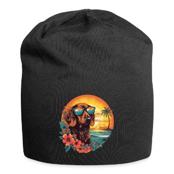 Bunter Dackel mit Sonnenbrille am Strand - Jersey-Beanie - Schwarz - Vorne
