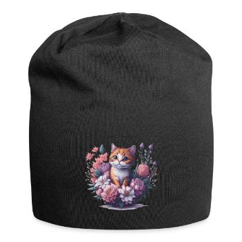 Katze Blumen - Jersey-Beanie - Schwarz - Vorne