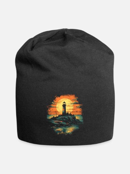 Leuchtturm vorm Sonnenuntergang im Meer - Jersey-Beanie - Schwarz