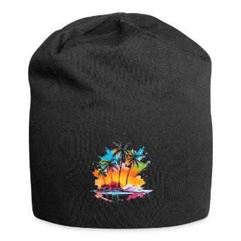 Insel mit Sonnenaufgang und Palmen - Jersey-Beanie - Schwarz - Vorne