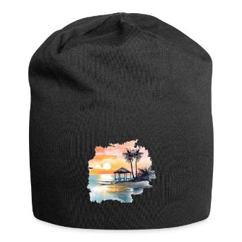 Ein Beachhaus am Stand mit Meerblick und Palmen - Jersey-Beanie - Schwarz - Vorne