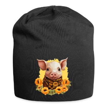 Schwein mit Sonnenblumenkranz, Charmantes Bauernho - Jersey-Beanie - Schwarz - Vorne