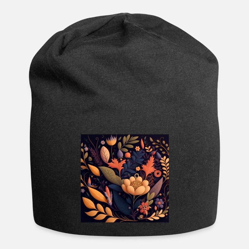 Botanicals Flower Pattern - Jersey Beanie - black
