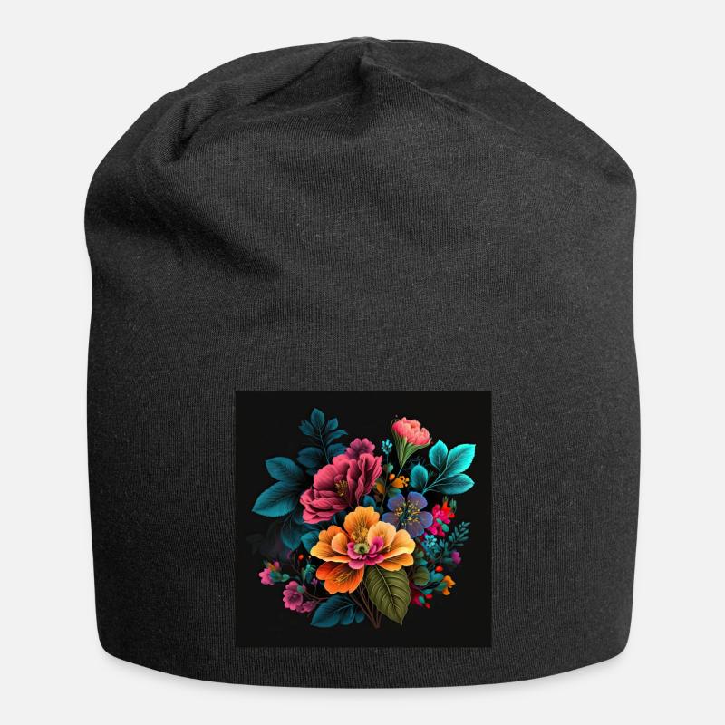 Botanicals Flower Pattern - Jersey Beanie - black