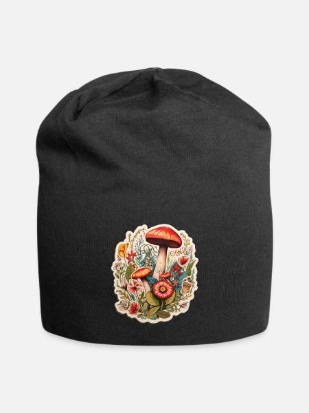 Boho Art with Mushrooms and Flowers - Jersey Beanie - black