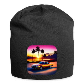 Cooles Auto mit Palmen im Sonnenuntergang III - Jersey-Beanie - Schwarz - Vorne