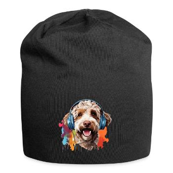 Bunter Lagotto Romagnolo mit Kopfhörer - Jersey-Beanie - Schwarz - Vorne