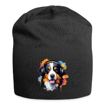 Colorful Bernese Mountain Dog with Headphones - Jersey Beanie - black - Front