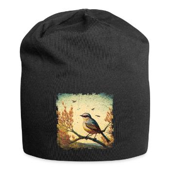 Bird sitting on branch, mediterranean background - Jersey Beanie - black - Front