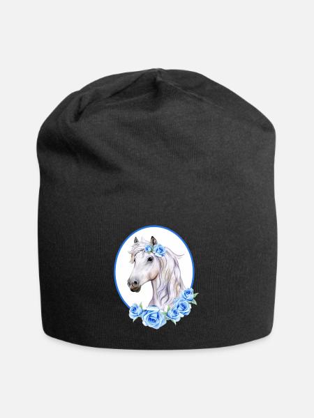 Romantisches weißes Pferd - Rosen hellblau - Jersey-Beanie - Schwarz