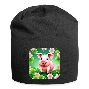 Cute lucky pig with shamrocks - Jersey Beanie - black - Front