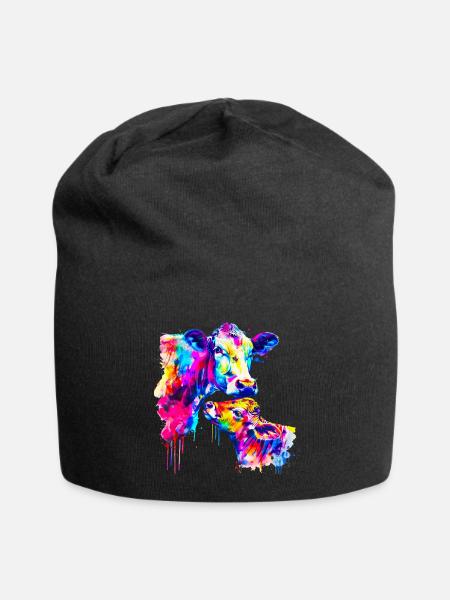 Kuh mit Kalb - Jersey-Beanie - Schwarz