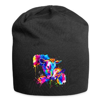 Kuh mit 3 Kälbern - Jersey-Beanie - Schwarz - Vorne