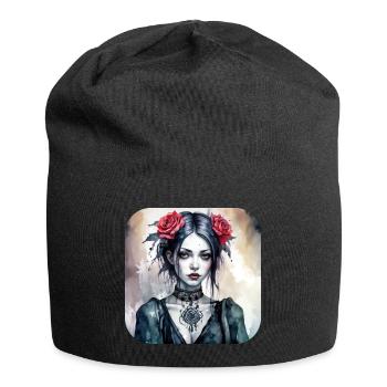 Cooles Gothic Punk Girl mit roten Rosen - Jersey-Beanie - Schwarz - Vorne