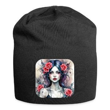 Cooles Gothic Punk Girl mit roten Rosen - Jersey-Beanie - Schwarz - Vorne