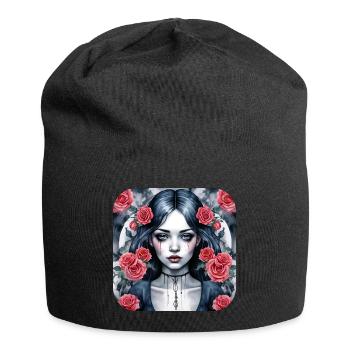Cooles Gothic Punk Girl mit roten Rosen - Jersey-Beanie - Schwarz - Vorne