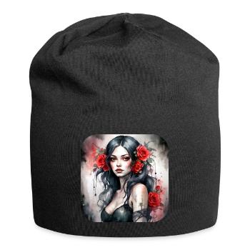 Cooles Gothic Punk Girl mit roten Rosen - Jersey-Beanie - Schwarz - Vorne