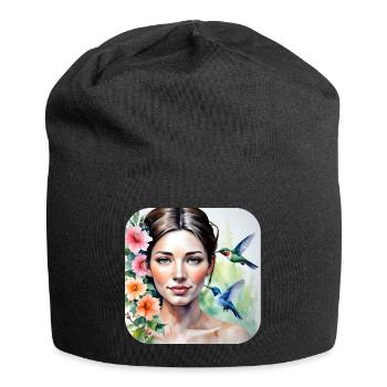 Unbekannte Schönheit mit Kolibris - Jersey-Beanie - Schwarz - Vorne