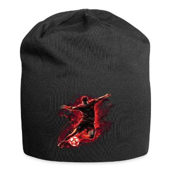 Ein Fußballer in einer dynamischen Aktion mit einem Torschuss. - Jersey-Beanie - Schwarz - Vorne