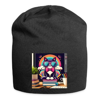 Chat studieux à lunettes - Bonnet en jersey - noir - Devant