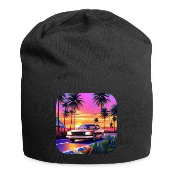 Cooles Auto mit Palmen im Sonnenuntergang - Jersey-Beanie - Schwarz - Vorne
