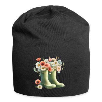 Garden motif: Two green rubber boots with flowers - Jersey Beanie - black - Front