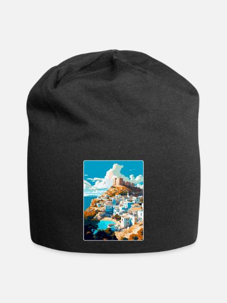 Lindos Greece Vintage Travel Poster WPA Souvenir - Jersey Beanie - black