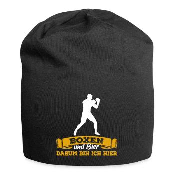Boxen und Bier, darum bin ich hier - Spruch - Jersey-Beanie - Schwarz - Vorne