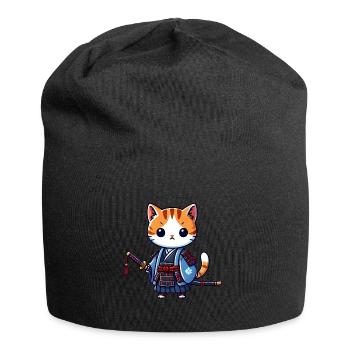 Samurai Cat in Blue Robes with Katana - Jersey Beanie - black - Front