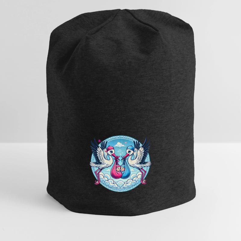 Rosa oder Blauer Storch Baby Bundle Design Jersey-Beanie