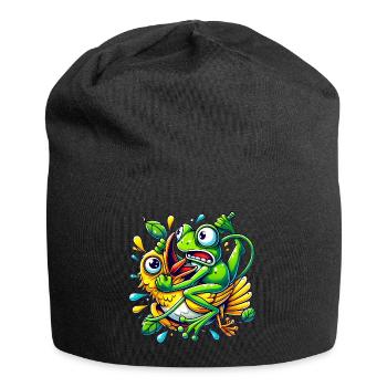 Lustiger Frosch, der sich an Vogel klammert Karikatur - Jersey-Beanie - Schwarz - Vorne