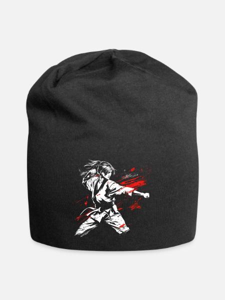 Female Karateka Drawing - Jersey Beanie - black