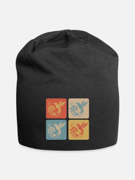 Kolibri & Blüte Vintage Design - Jersey-Beanie - Schwarz