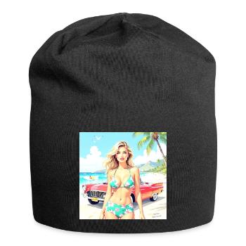Frau am Strand mit Oldtimer - Jersey-Beanie - Schwarz - Vorne