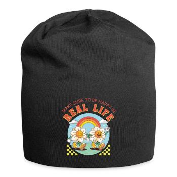 Be Happy in Real Life – Retro Floral Saying - Jersey Beanie - black - Front