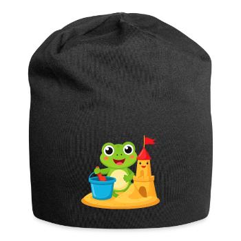 Kawaii Frog on the Beach with Bucket & Sandcastle – Cute - Jersey Beanie - black - Front