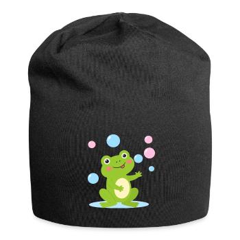 Green cartoon frog with soap bubbles – fun - Jersey Beanie - black - Front