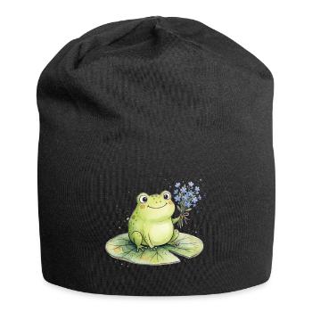 Cute frog with forget-me-not flowers - Jersey Beanie - black - Front