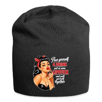 Pin-Up Girl mit Kussmund & Lippenstift Spruch - Jersey-Beanie - Schwarz - Vorne