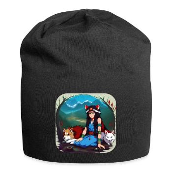 Anime Girl with Fox and Dog - Jersey Beanie - black - Front
