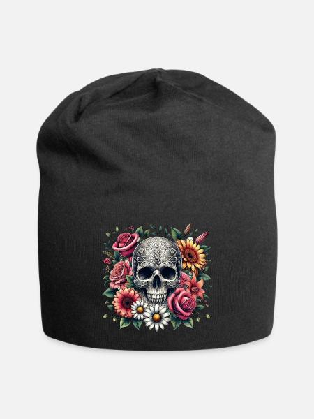 Totenschädel mit Blumen - Jersey-Beanie - Schwarz
