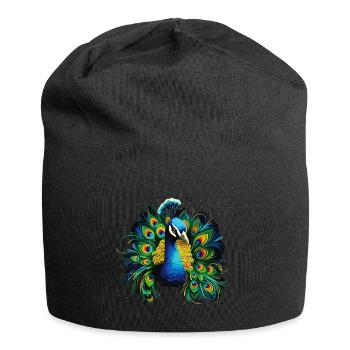 Pfau Pfauenfeder Exotisch Farbenfroh Bunt Kunst - Jersey-Beanie - Schwarz - Vorne