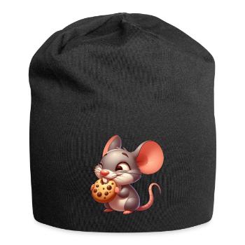 Cute cartoon mouse nibbling crispy cookie - Jersey Beanie - black - Front